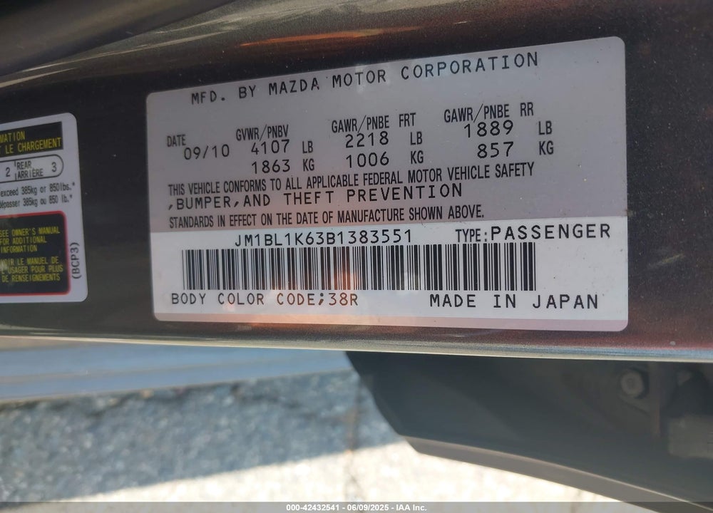 2011 MAZDA 3 VIN: JM1BL1K63B1383551