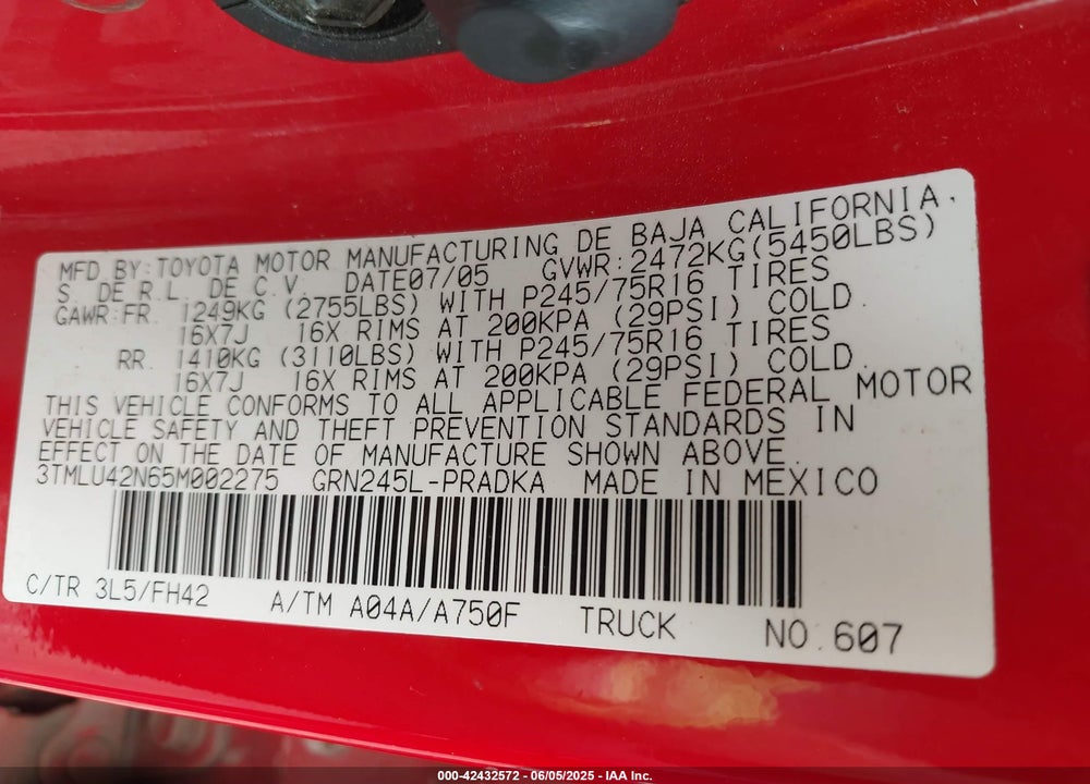 2005 TOYOTA TACOMA BASE V6 VIN: 3TMLU42N65M002275