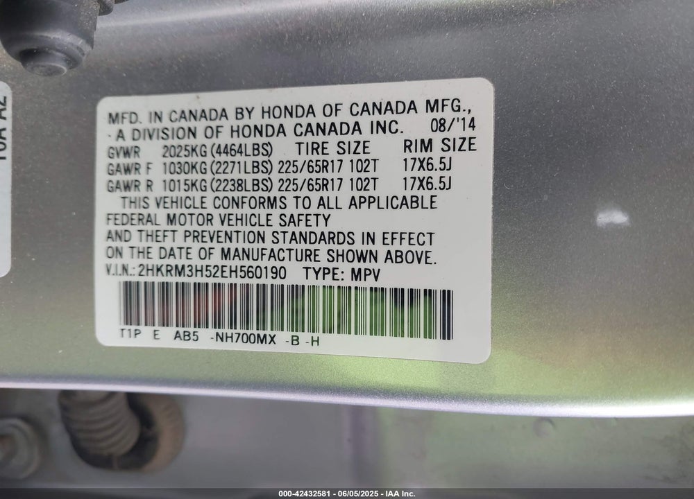 2014 HONDA CR-V EX VIN: 2HKRM3H52EH560190
