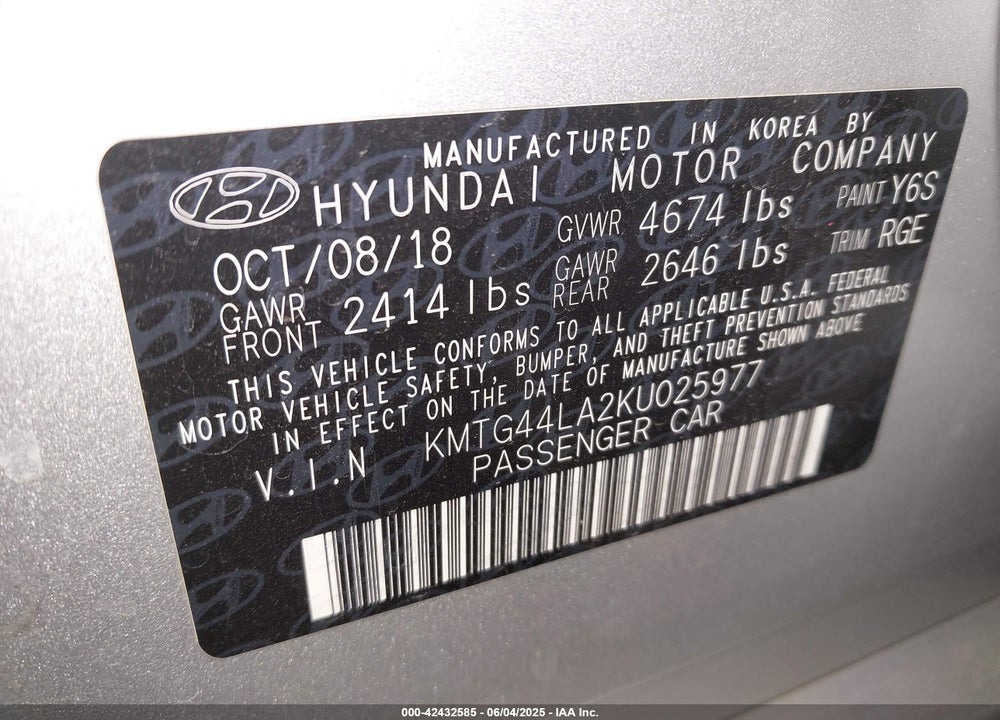 2019 GENESIS G70 2.0T ADVANCED VIN: KMTG44LA2KU025977