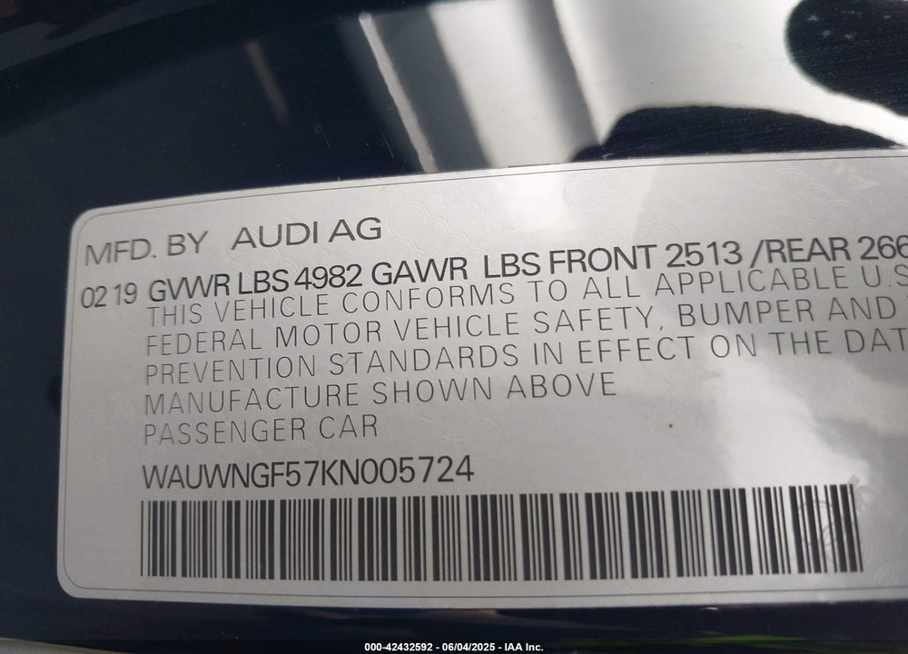 2019 AUDI A5 45 PREMIUM VIN: WAUWNGF57KN005724