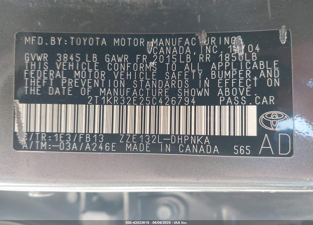 2005 TOYOTA MATRIX VIN: 2T1KR32E25C426794