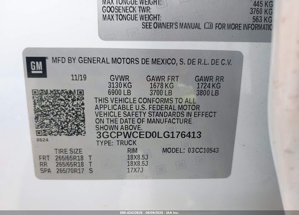 2020 CHEVROLET SILVERADO 1500 VIN: 3GCPWCED0LG176413