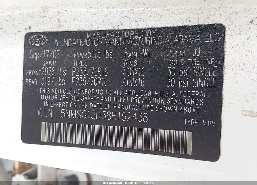 2008 HYUNDAI SANTA FE VIN: 5NMSG13D38H152438