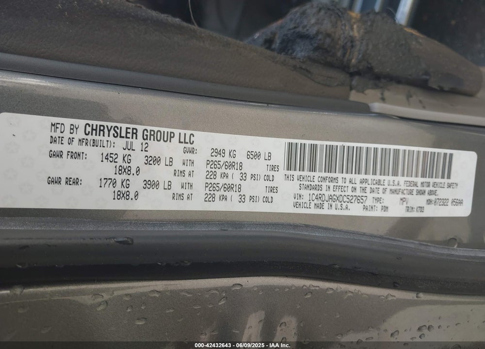 2013 DODGE DURANGO SXT VIN: 1C4RDJAGXDC527657