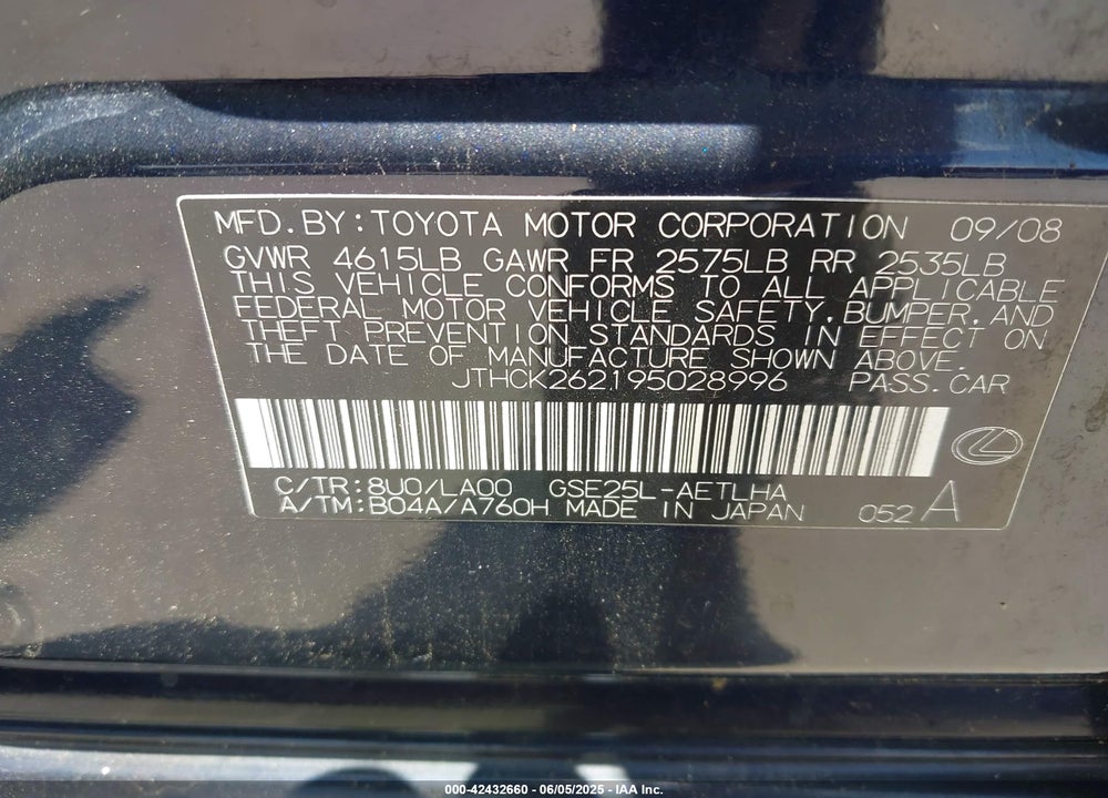 2009 LEXUS IS 250 VIN: JTHCK262195028996