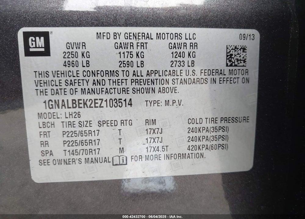 2014 CHEVROLET EQUINOX 1LT VIN: 1GNALBEK2EZ103514