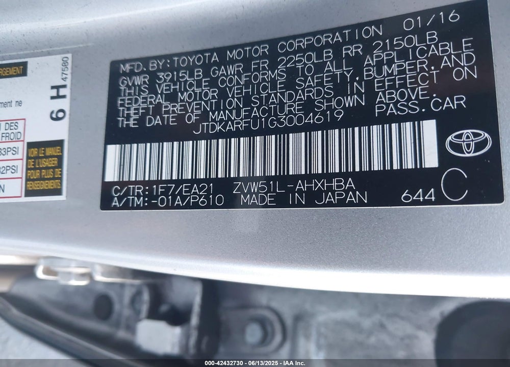 2016 TOYOTA PRIUS VIN: JTDKARFU1G3004619