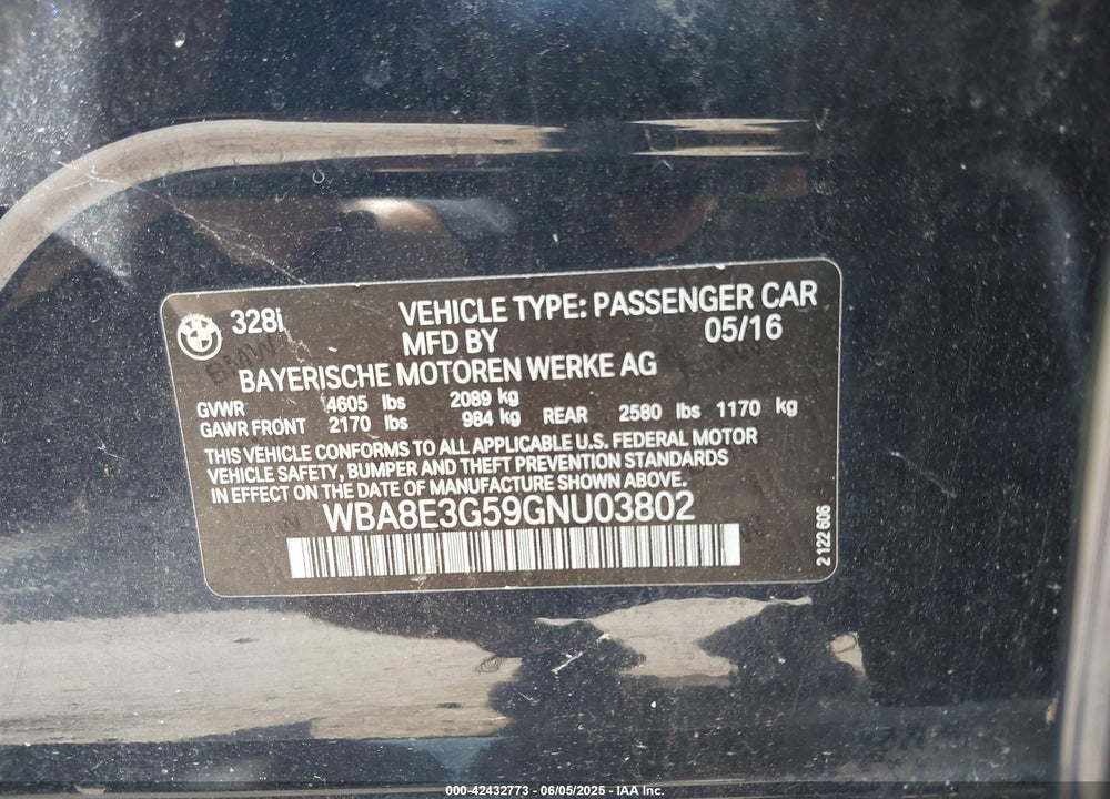 2016 BMW 3 SERIES VIN: WBA8E3G59GNU03802