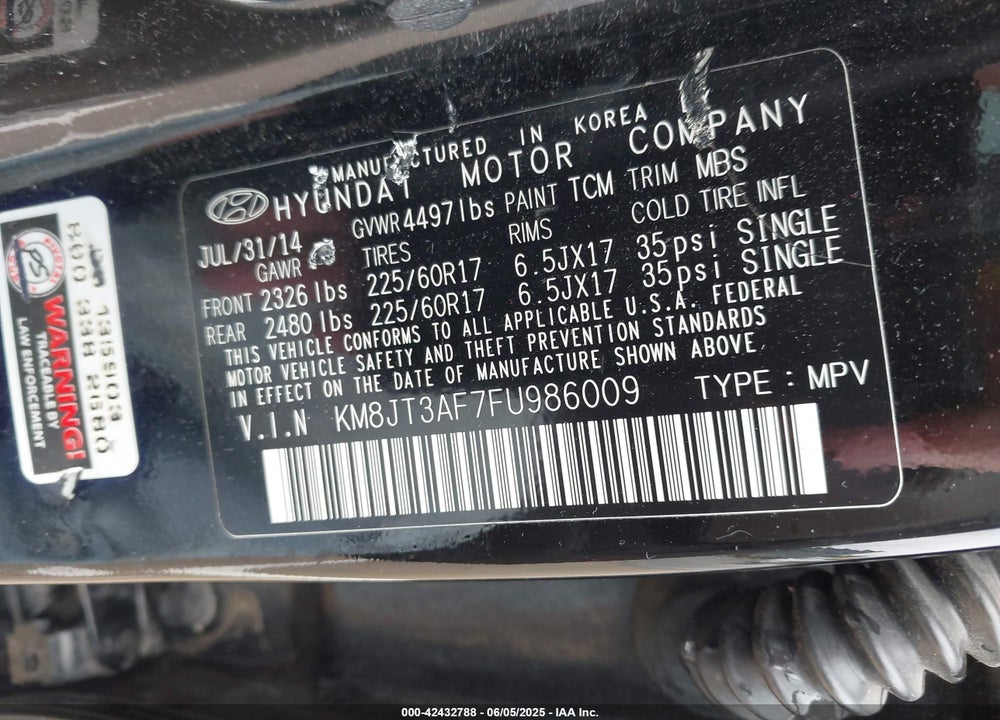 2015 HYUNDAI TUCSON VIN: KM8JT3AF7FU986009