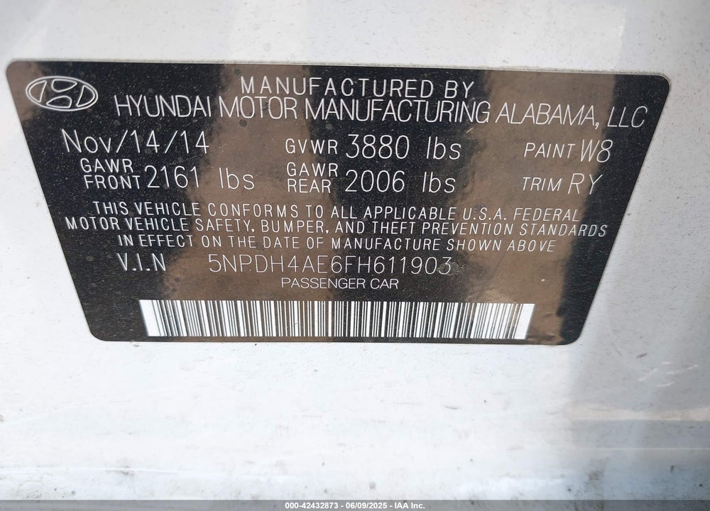 2015 HYUNDAI ELANTRA SE VIN: 5NPDH4AE6FH611903