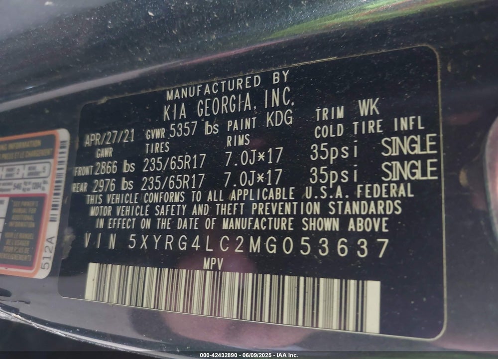 2021 KIA SORENTO VIN: 5XYRG4LC2MG053637
