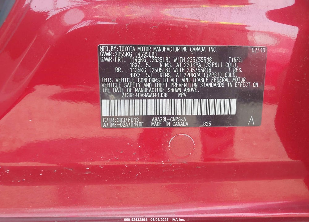2010 TOYOTA RAV4 VIN: 2T3RF4DV9AW041338