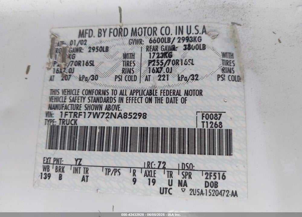 2002 FORD F-150 XL/XLT VIN: 1FTRF17W72NA85298