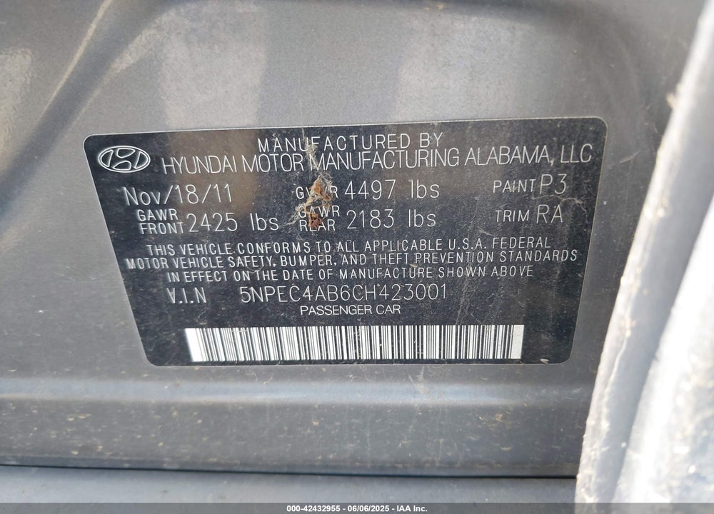 2012 HYUNDAI SONATA VIN: 5NPEC4AB6CH423001