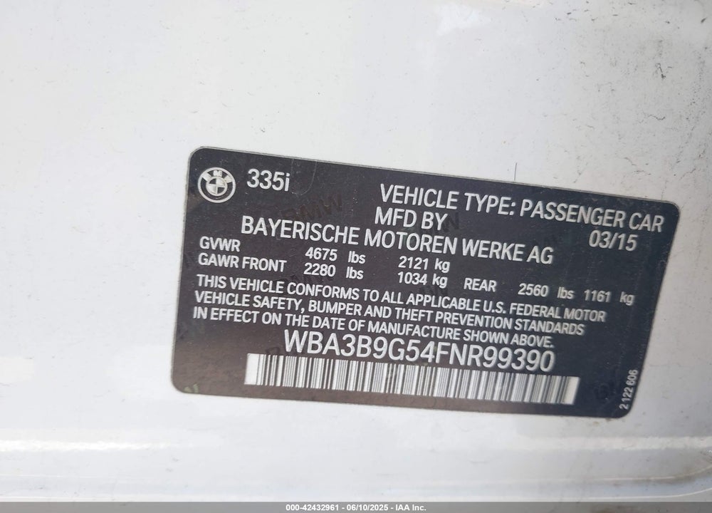 2015 BMW 3 SERIES VIN: WBA3B9G54FNR99390