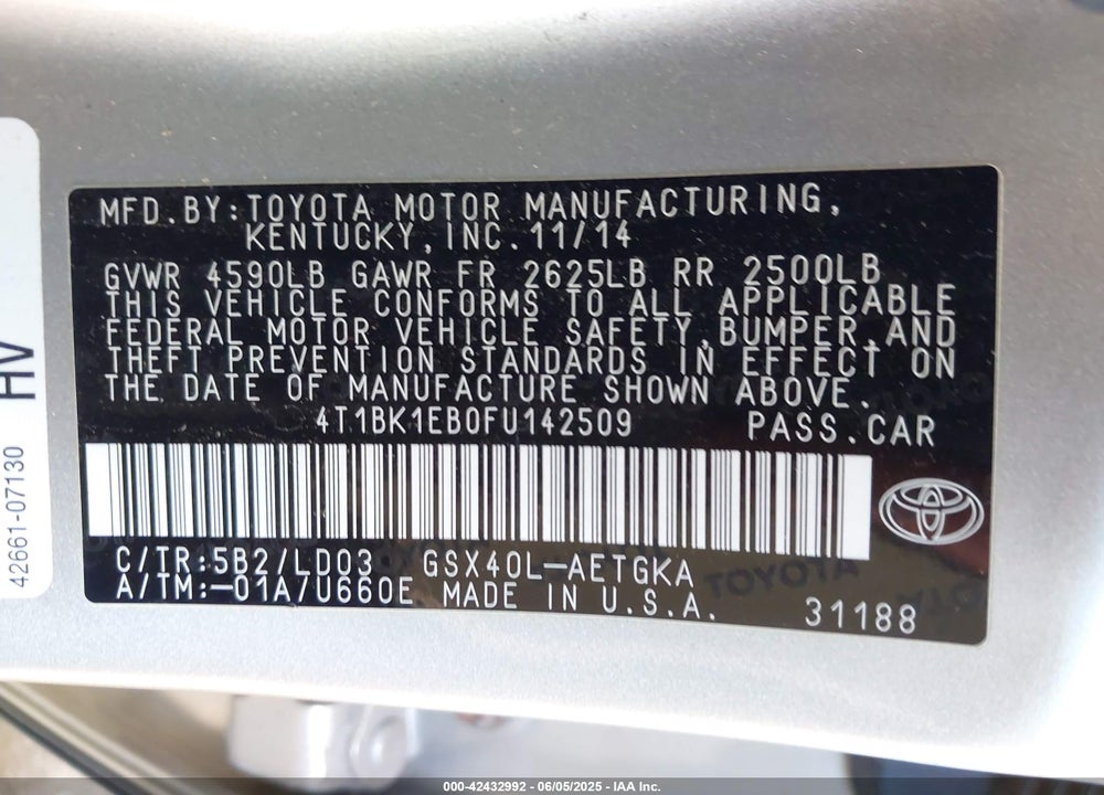 2015 TOYOTA AVALON VIN: 4T1BK1EB0FU142509