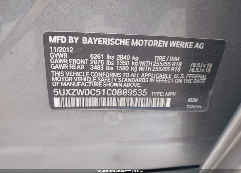 2012 BMW X5 XDRIVE35D VIN: 5UXZW0C51C0B89535