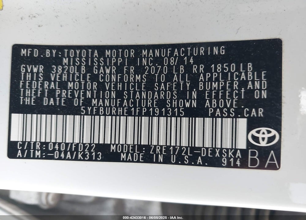 2015 TOYOTA COROLLA VIN: 5YFBURHE1FP191315