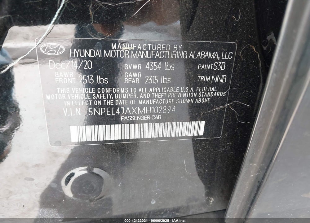 2021 HYUNDAI SONATA VIN: 5NPEL4JAXMH102894