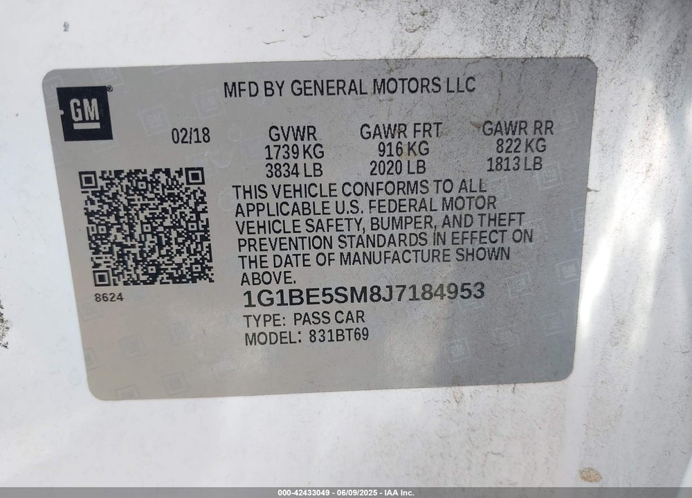 2018 CHEVROLET CRUZE VIN: 1G1BE5SM8J7184953