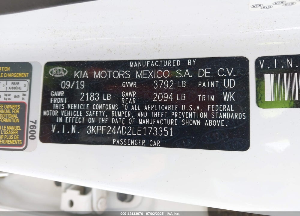 2020 KIA FORTE VIN: 3KPF24AD2LE173351