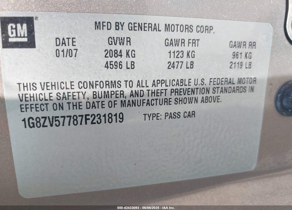 2007 SATURN AURA XR VIN: 1G8ZV57787F231819