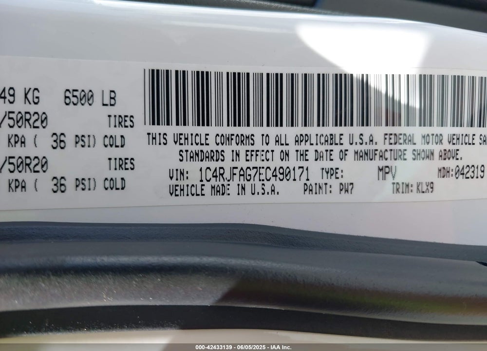 2014 JEEP GRAND CHEROKEE VIN: 1C4RJFAG7EC490171