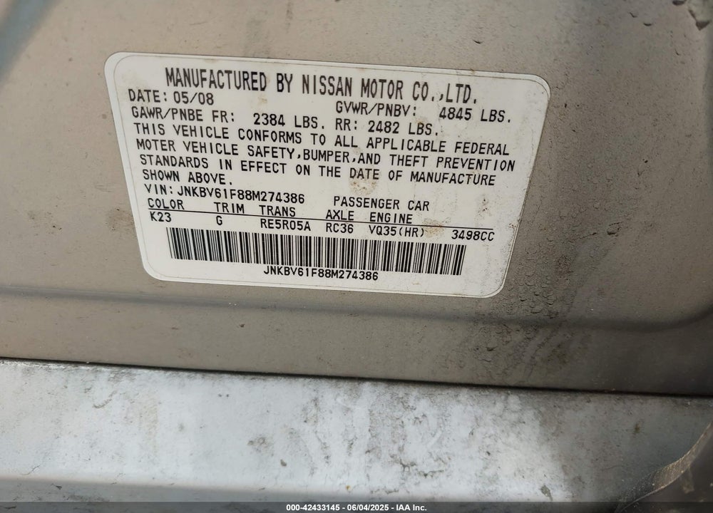 2008 INFINITI G35X VIN: JNKBV61F88M274386