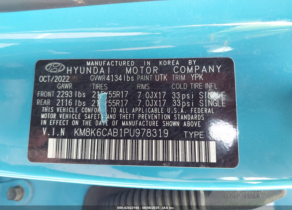 2023 HYUNDAI KONA VIN: KM8K6CAB1PU978319