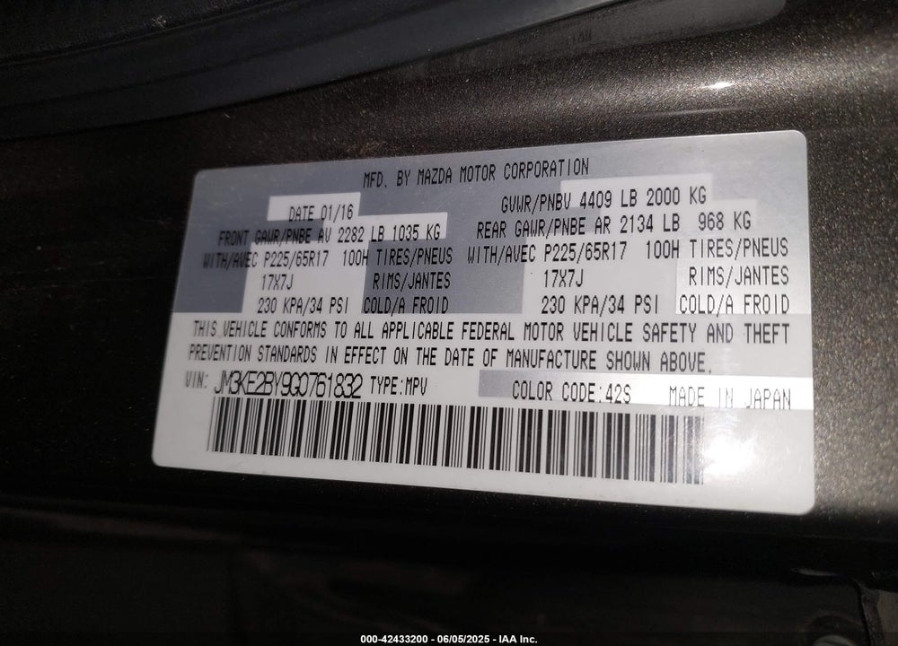 2016 MAZDA CX-5 SPORT VIN: JM3KE2BY9G0761832