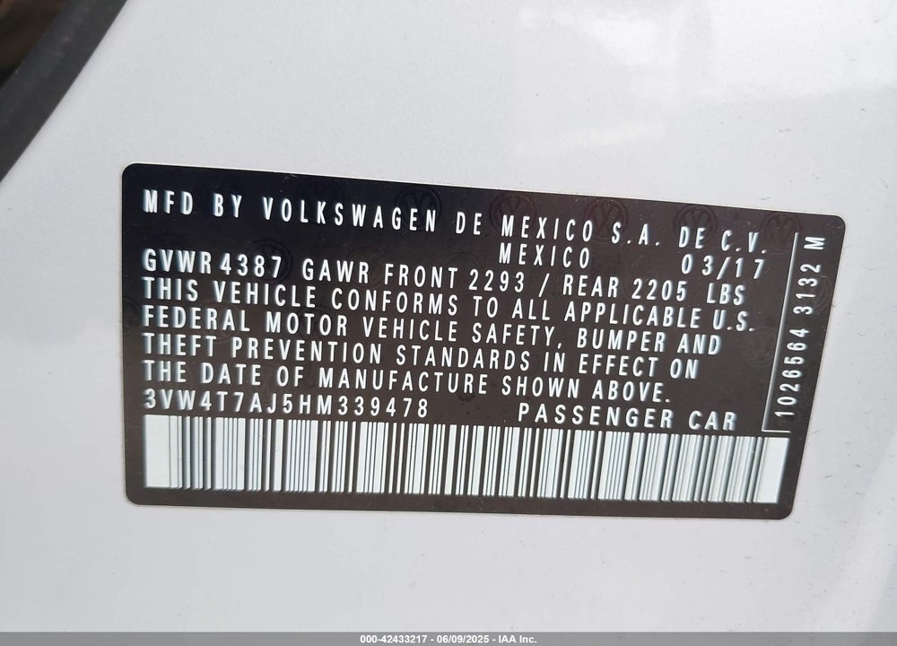2017 VOLKSWAGEN JETTA VIN: 3VW4T7AJ5HM339478