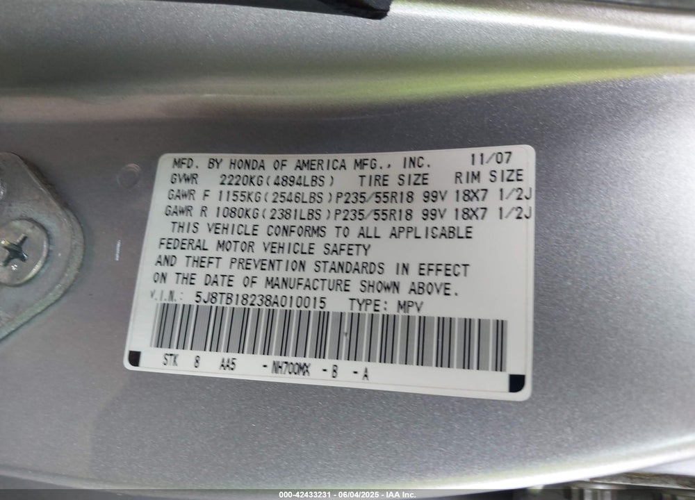 2008 ACURA RDX VIN: 5J8TB18238A010015