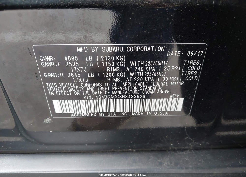 2017 SUBARU OUTBACK VIN: 4S4BSACC8H3433828