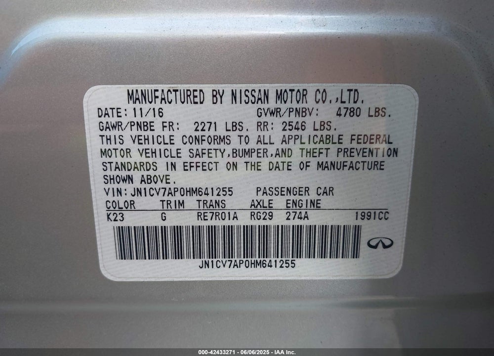 2017 INFINITI Q50 VIN: JN1CV7AP0HM641255