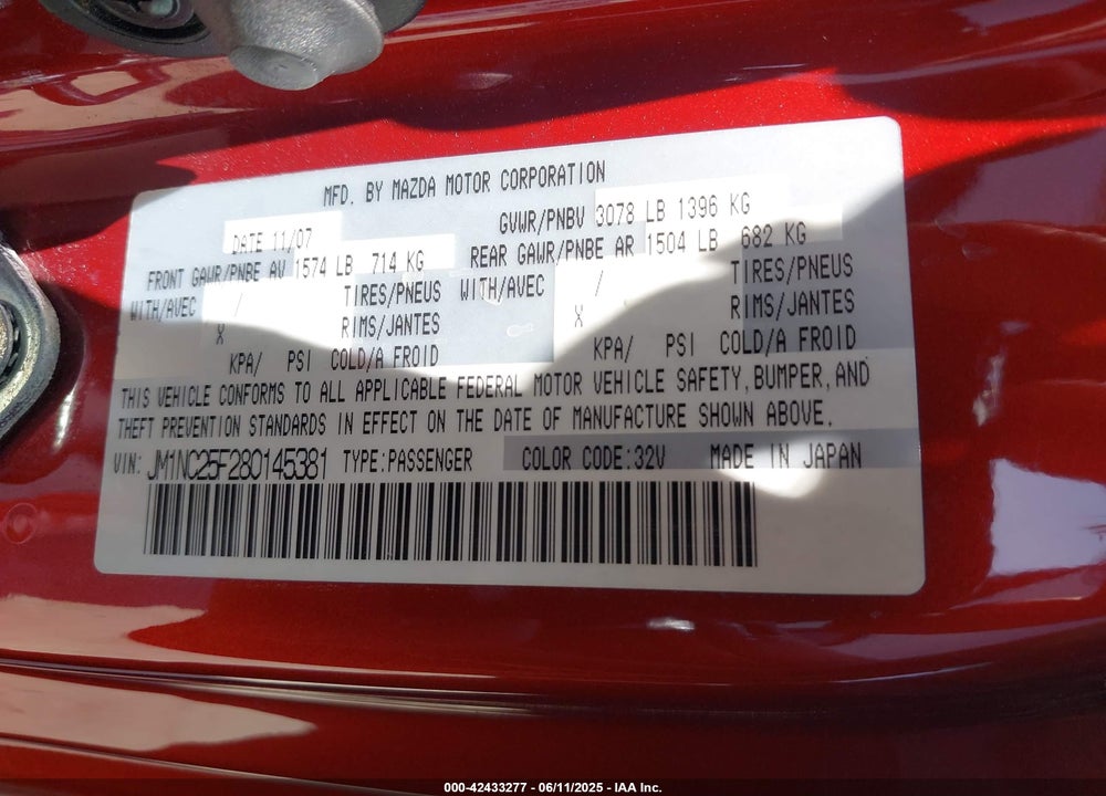 2008 MAZDA MX-5 VIN: JM1NC25F280145381
