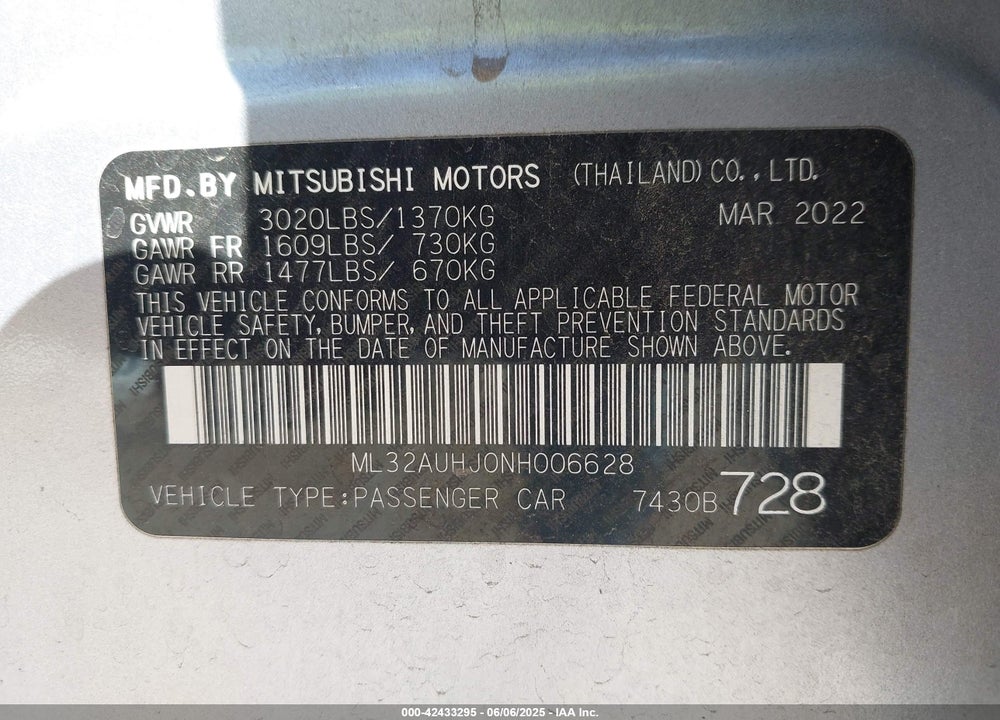 2022 MITSUBISHI MIRAGE ES/LE VIN: ML32AUHJ0NH006628