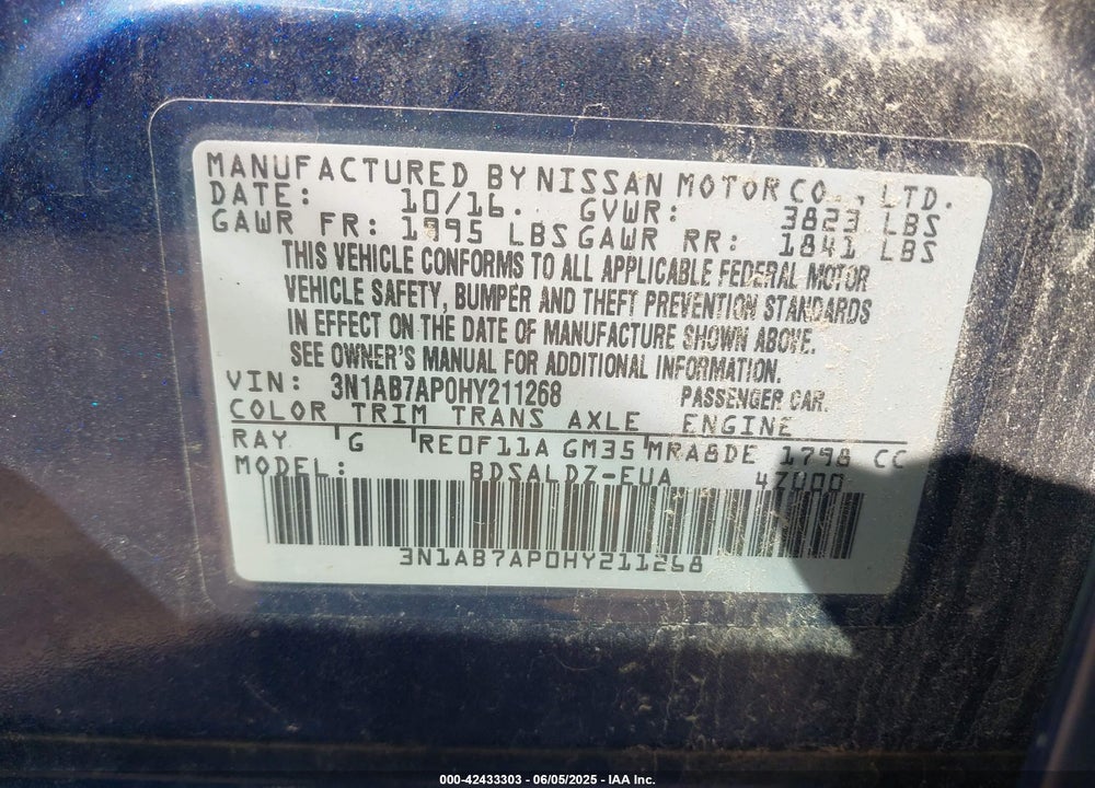 2017 NISSAN SENTRA VIN: 3N1AB7AP0HY211268