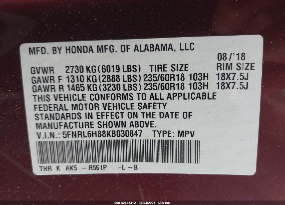 2019 HONDA ODYSSEY TOURING VIN: 5FNRL6H88KB030847