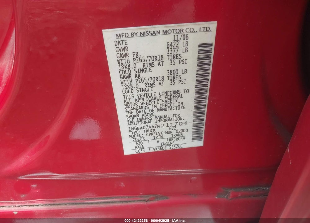 2007 NISSAN TITAN VIN: 1N6BA07A67N211704