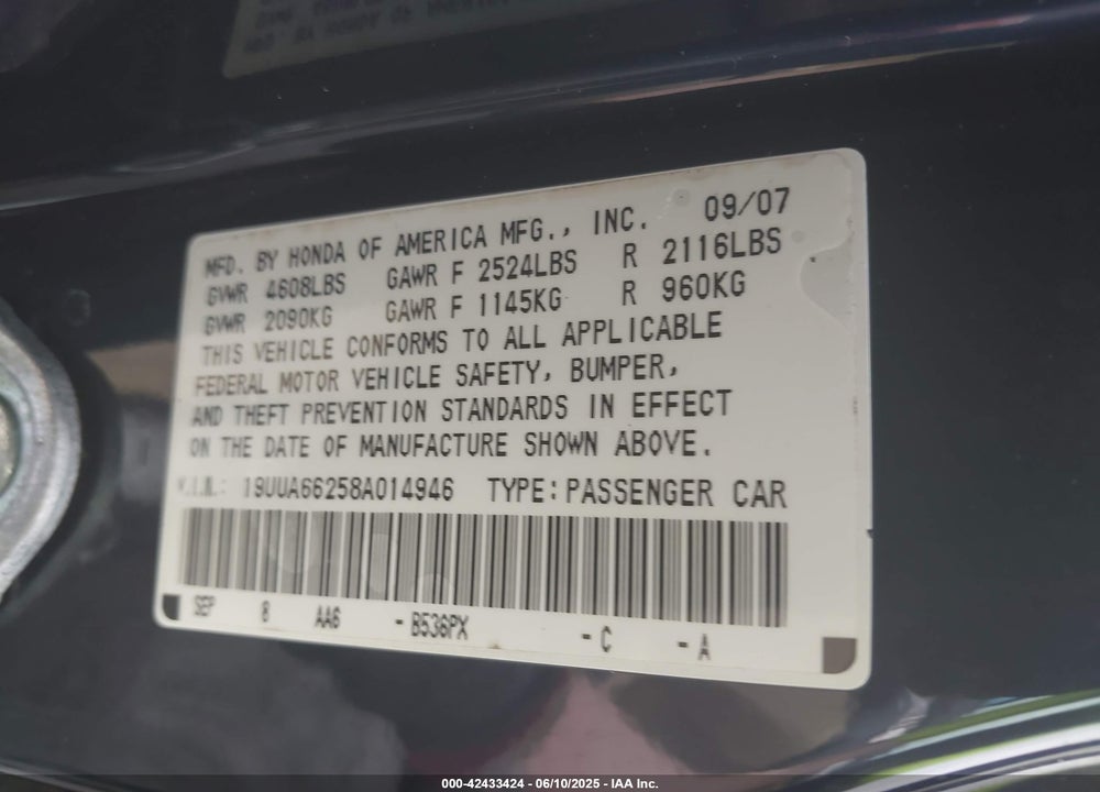 2008 ACURA TL VIN: 19UUA66258A014946