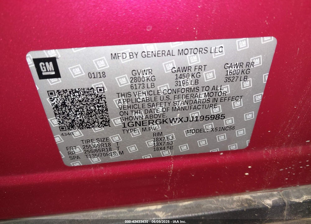 2018 CHEVROLET TRAVERSE VIN: 1GNERGKWXJJ195985
