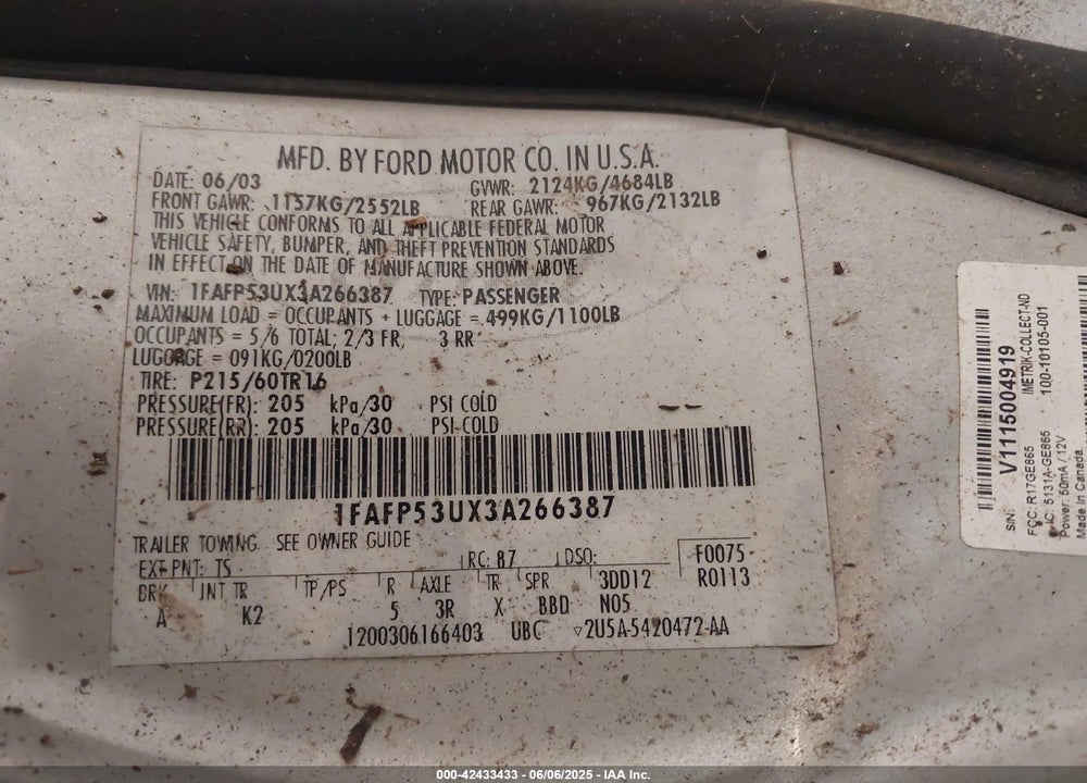 2003 FORD TAURUS SE VIN: 1FAFP53UX3A266387