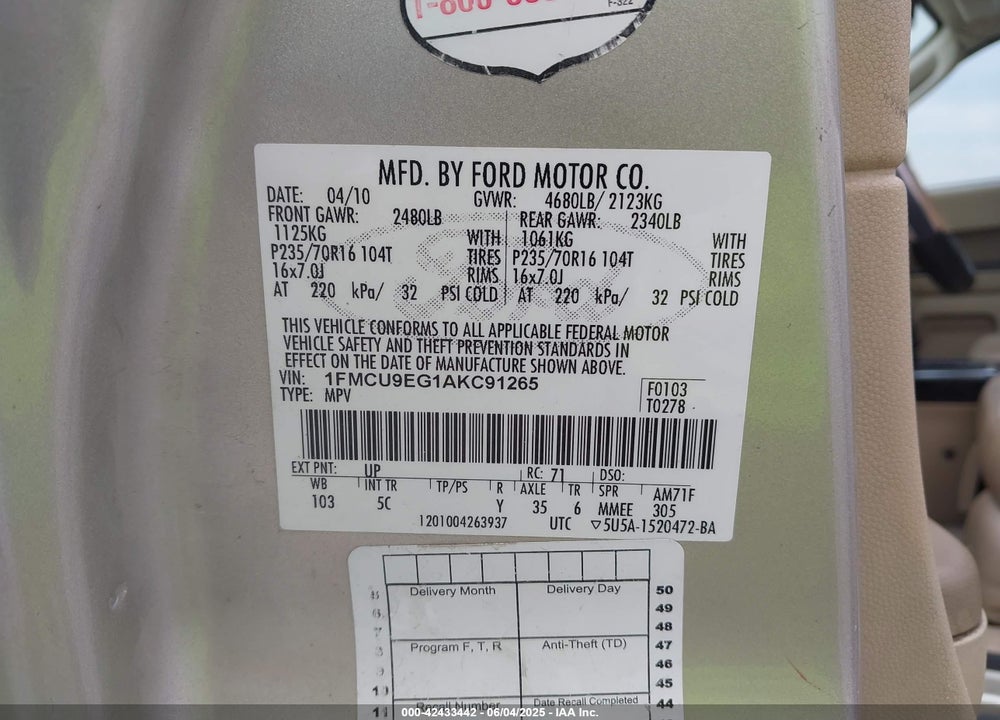 2010 FORD ESCAPE VIN: 1FMCU9EG1AKC91265