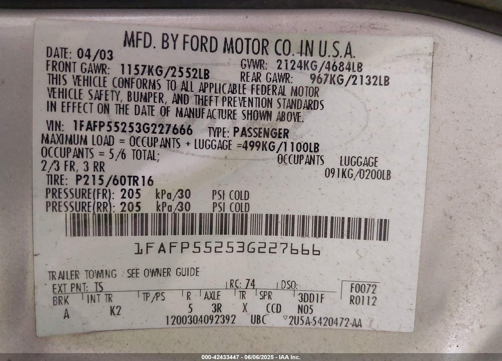 2003 FORD TAURUS SES VIN: 1FAFP55253G227666