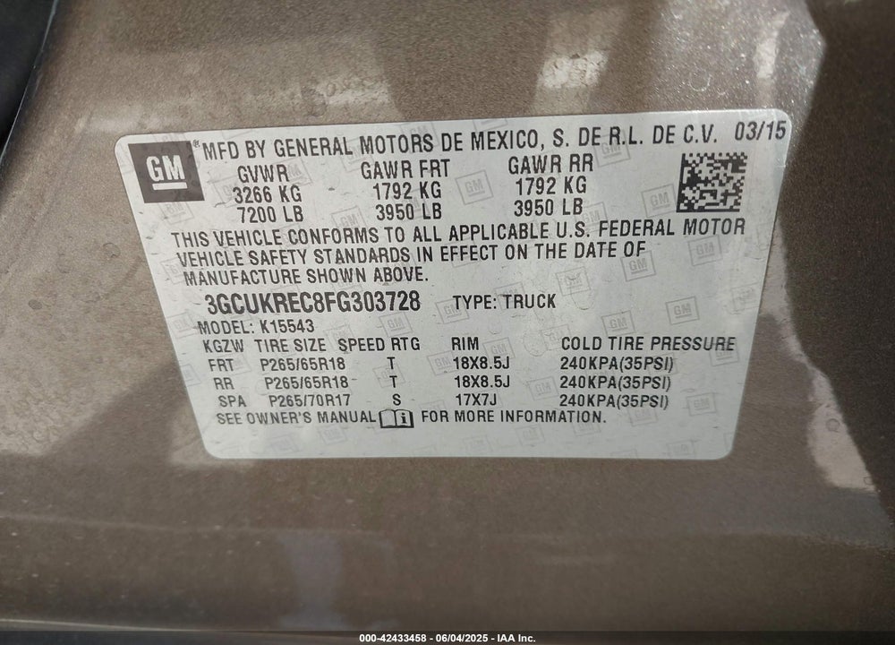 2015 CHEVROLET SILVERADO 1500 VIN: 3GCUKREC8FG303728
