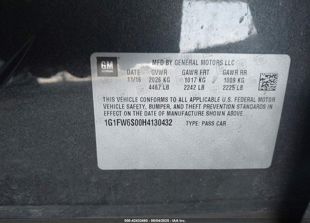 2017 CHEVROLET BOLT EV VIN: 1G1FW6S00H4130432