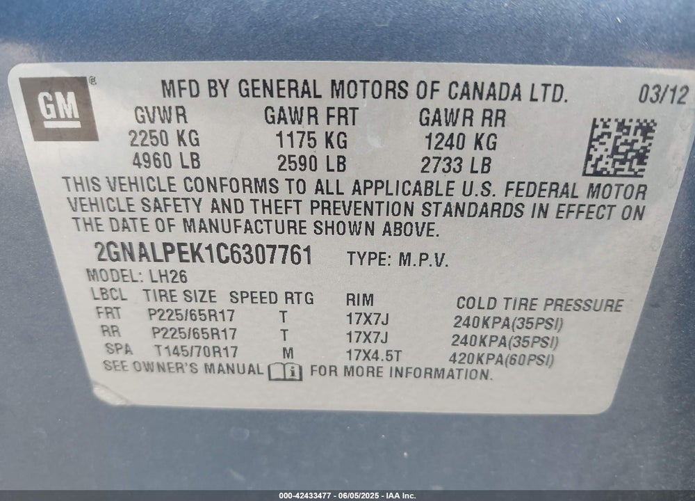 2012 CHEVROLET EQUINOX VIN: 2GNALPEK1C6307761