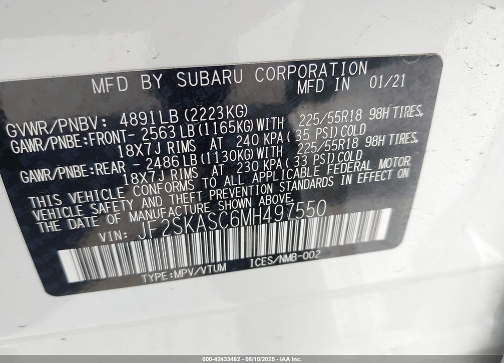 2021 SUBARU FORESTER VIN: JF2SKASC6MH497550