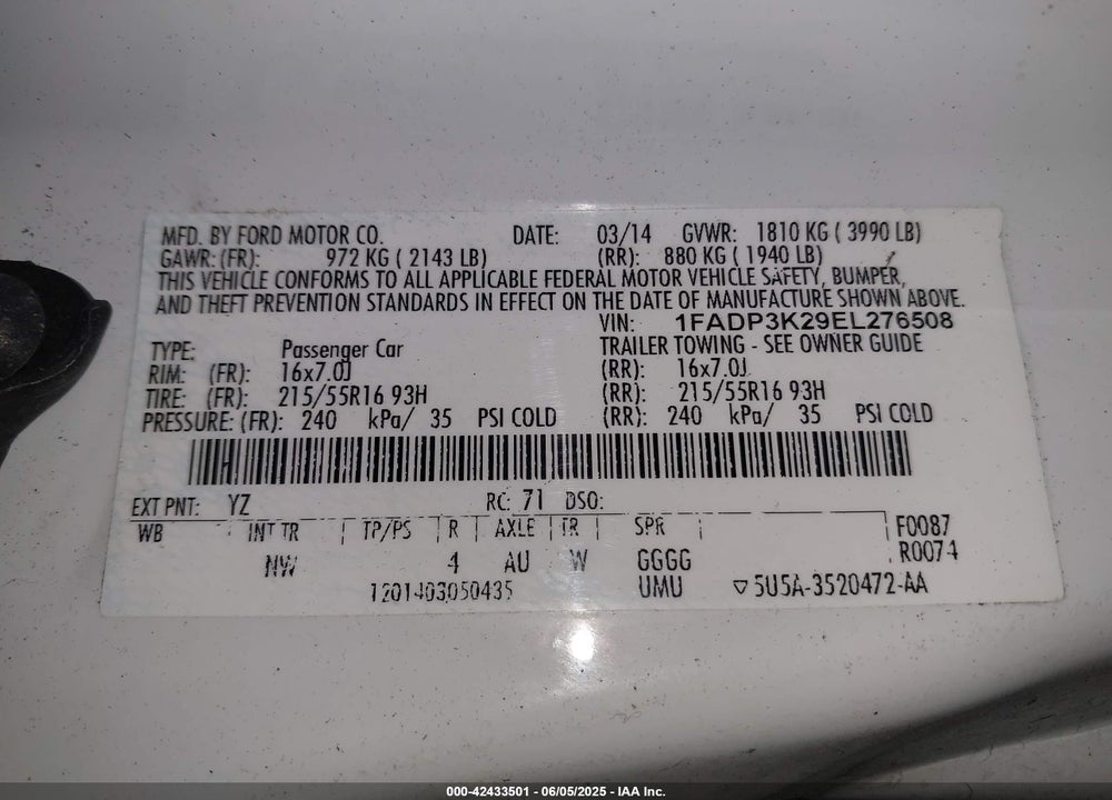 2014 FORD FOCUS VIN: 1FADP3K29EL276508
